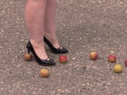 Crush fetish outdoors Fat legs in high heel shoes crush apples 6/16