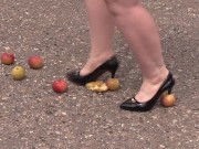 Crush fetish outdoors Fat legs in high heel shoes crush apples 9/16