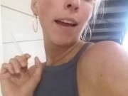 Dirty girl flashes perfect boobs smoking in apartment complex