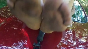 Fucking Myself My Creamy Pussy on Top Car Outside in Woods