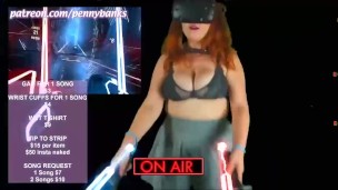 Topless gamer girl playing Beat Saber in bra with HUGE bouncing natural tits