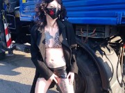 Crazy slut pisses on the street and fucks herself on the sidewalk with a big dildo till she squirt 2/16