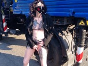 Crazy slut pisses on the street and fucks herself on the sidewalk with a big dildo till she squirt 3/16