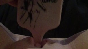 Teen fucks her tight pussy with hairbrush & squirts while family are next door