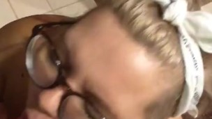 FAT SLUT SUCKS ON DILDO AND PLAYS WITH TITS