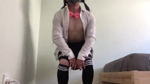 cute crossdresser school uniform cumshot