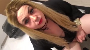 Sexy blonde Crossdresser masturbates with toy in ass and eats cum