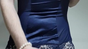 Crossdresser in satin lingerie cumshot
