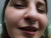 Upskirt POV outdoor public flashing, pissing & pussy play in woods on public hiking trail 1/16
