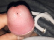 Small uncut grower not shower, precum, slow foreskin rolling close up, glistening precum play
