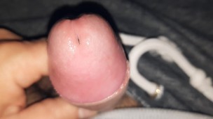 Small uncut grower not shower, precum, slow foreskin rolling close up, glistening precum play