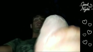 Twink cums while he is walking through night forest