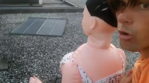 Fucking with girlfriend on cinema's rooftop