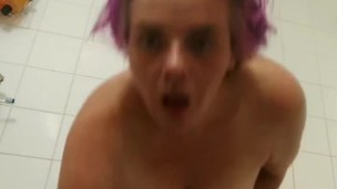 shantastic in the tub - natural saggy masmilf rubbing and stuffing her pussy for a quick orgasm