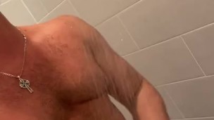 Quick flash of husbands cock in the shower 