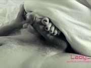 Footjob close up POV, rubbing and jerk off his dick with long toes and made him cum on feet 11/16