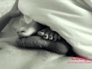 Footjob close up POV, rubbing and jerk off his dick with long toes and made him cum on feet 7/16
