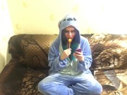 Косплей Стич. Сосет, делает горловой минет. Съемка от первого лица. 1/16