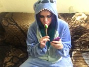 Косплей Стич. Сосет, делает горловой минет. Съемка от первого лица. 4/16