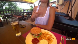 Eating burger and flashing in the cafe Transparent T-shirt No Bra ...
