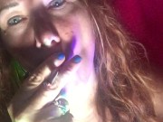 Busty cougar self pleasures after shower smoking pussy fingering lick eat her cum  13/16