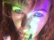 Busty cougar self pleasures after shower smoking pussy fingering lick eat her cum  15/16