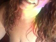 Busty cougar self pleasures after shower smoking pussy fingering lick eat her cum 