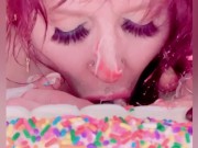 Birthday cake and champagne bottle smashed, sucked, and fucked.