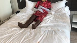 Zentai in mandarin dress with satin gloves