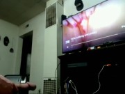 Jacking his huge cock to friends masturbating wife