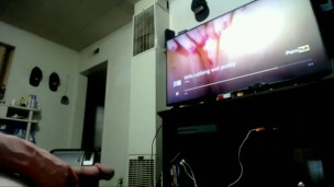 Jacking his huge cock to friends masturbating wife