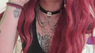Tattooed Redhead Whore Practices Deepthroating Her Big Pink Dildo