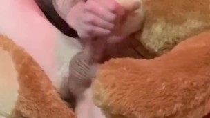 Pissing and jerking my 18 year old big dick with my teddy Bear