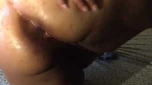 BBW rubs coconut oil on ass and pussy