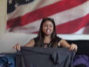 Deaf asian girl with glasses folds clothes. Will she burn herself on the jeans or find underwear? 12/16