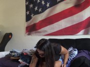 Deaf asian girl with glasses folds clothes. Will she burn herself on the jeans or find underwear? 16/16