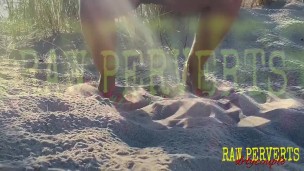 Public piss at nude beach with voyeurs 