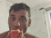 A peach has ripened in the garden. 14/16