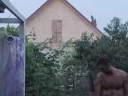 A peach has ripened in the garden.