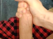 So horny! Jerking off my uncut cock in a bathroom at my friends place