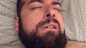 Big hairy bearded bear woke up very horny and wanking in bed. Beautiful agony. Orgasm face