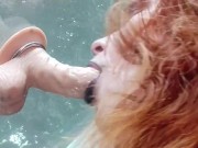Redhead goth deepthroats dildo on window - TheGoddessOfLust