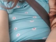 Pinkmoonlust has a car ride! Public flashing in passenger seat! Hairy Pussy in Panties & Blue Dress