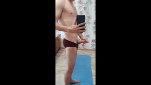 Russian skinny guy started training but became horny and started jerking off his cock
