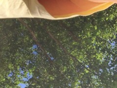 18 year old teen girl in short shorts without panties. camera in the Park. Close up