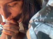 Hot brunette sucked the driver's cock in the car ,and he finished it in her mouth 9/16