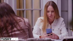 TUSHY Gorgeous brunettes seduce professor in anal threesome