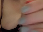 Painting my fingernails Red wearing only a Black Lace Bra