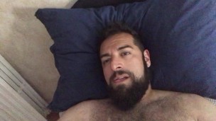 Big bearded bear with hairy chest wanking playing on cam showing his tongue. Beautiful Agony