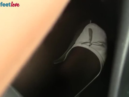 Sexy redhead stockings upskirt and shoeplay on the driveway